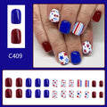 24 short glossy false nail stickers with strawberry and cherry patterns in red and blue colours