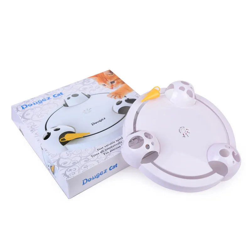 White electric cat toy turntable with automatic catching mouse, 32cm diameter, ABS plastic body