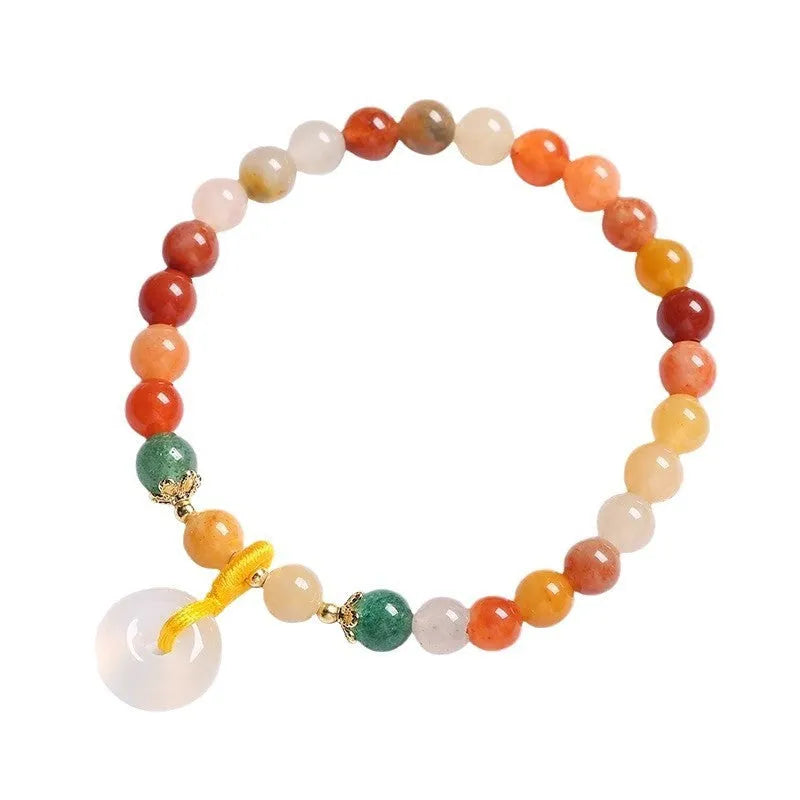 Handmade natural jinsi jade and red agate peace clasp bracelet with safety buckle on wrist.