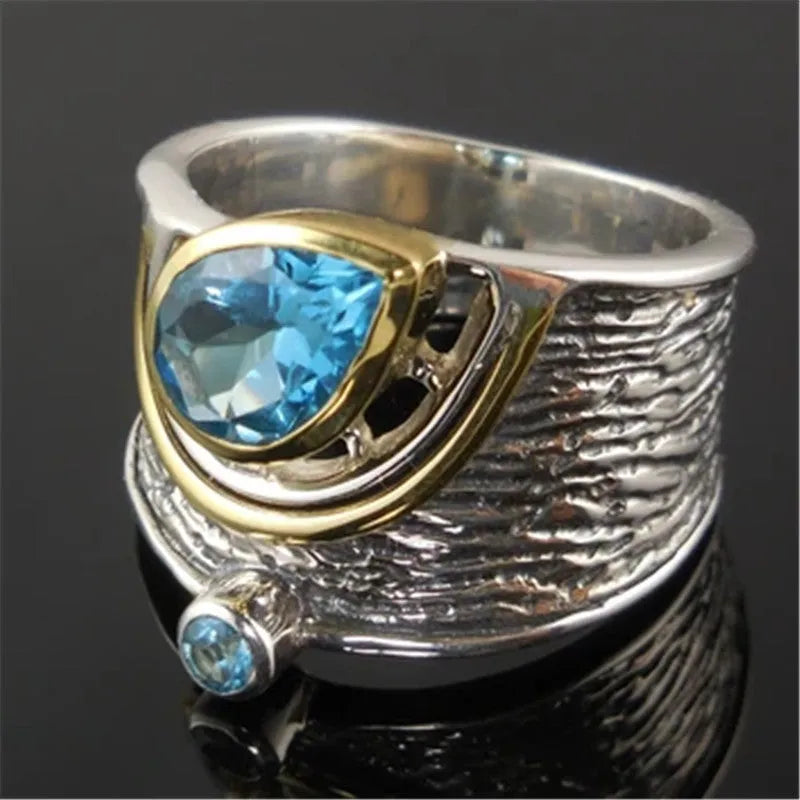 Blue drop-shaped zircon rhinestone Chinese style women's ring in alloy metal