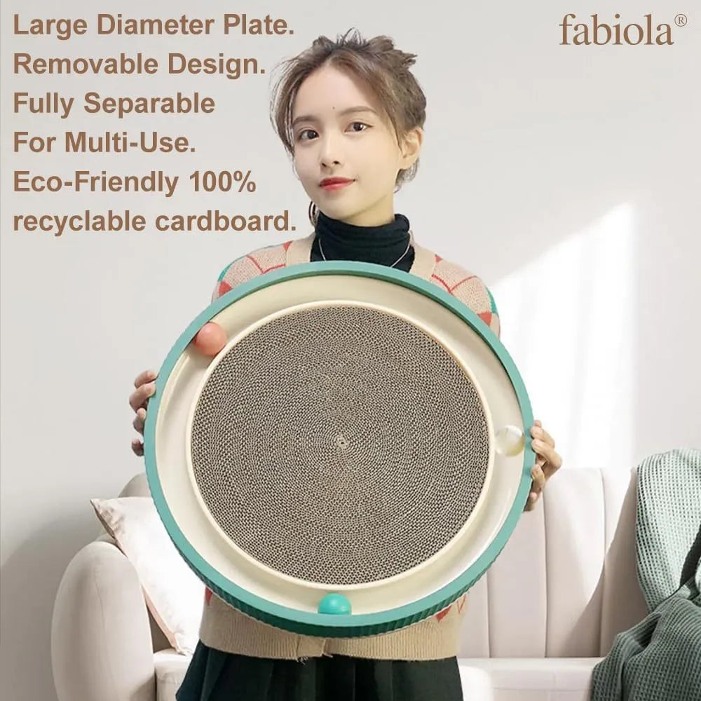 Large circular cat scratching board with interactive ball toys and replaceable cardboard core