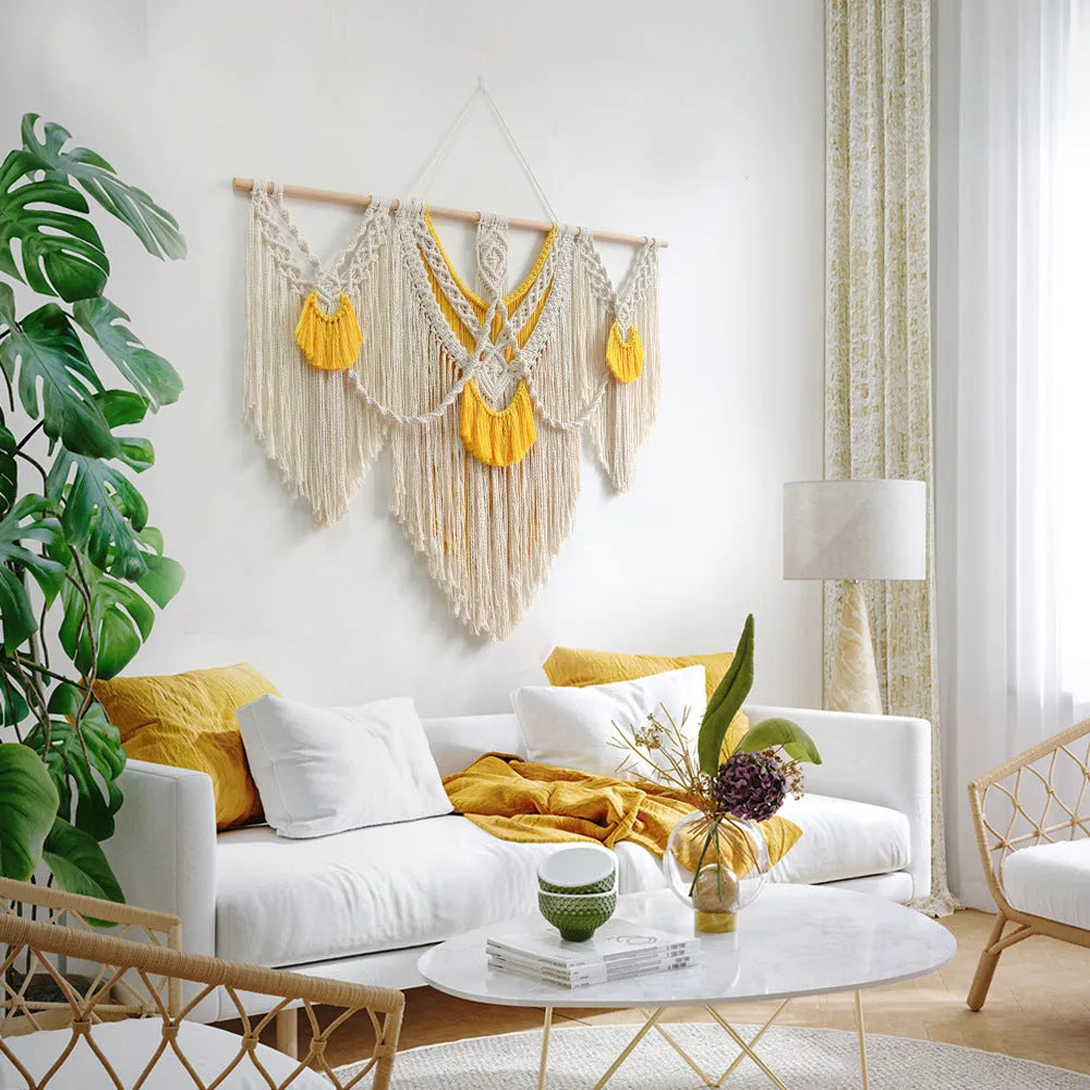 Hand-made creamy white cotton Nordic tapestry wall hanging, rectangular 120cm by 95cm.