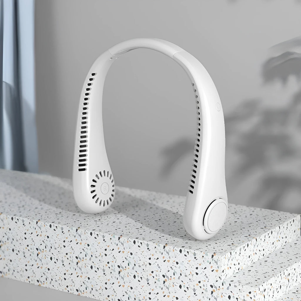White USB rechargeable bladeless neck fan showing ergonomic neckband and streamlined air outlet