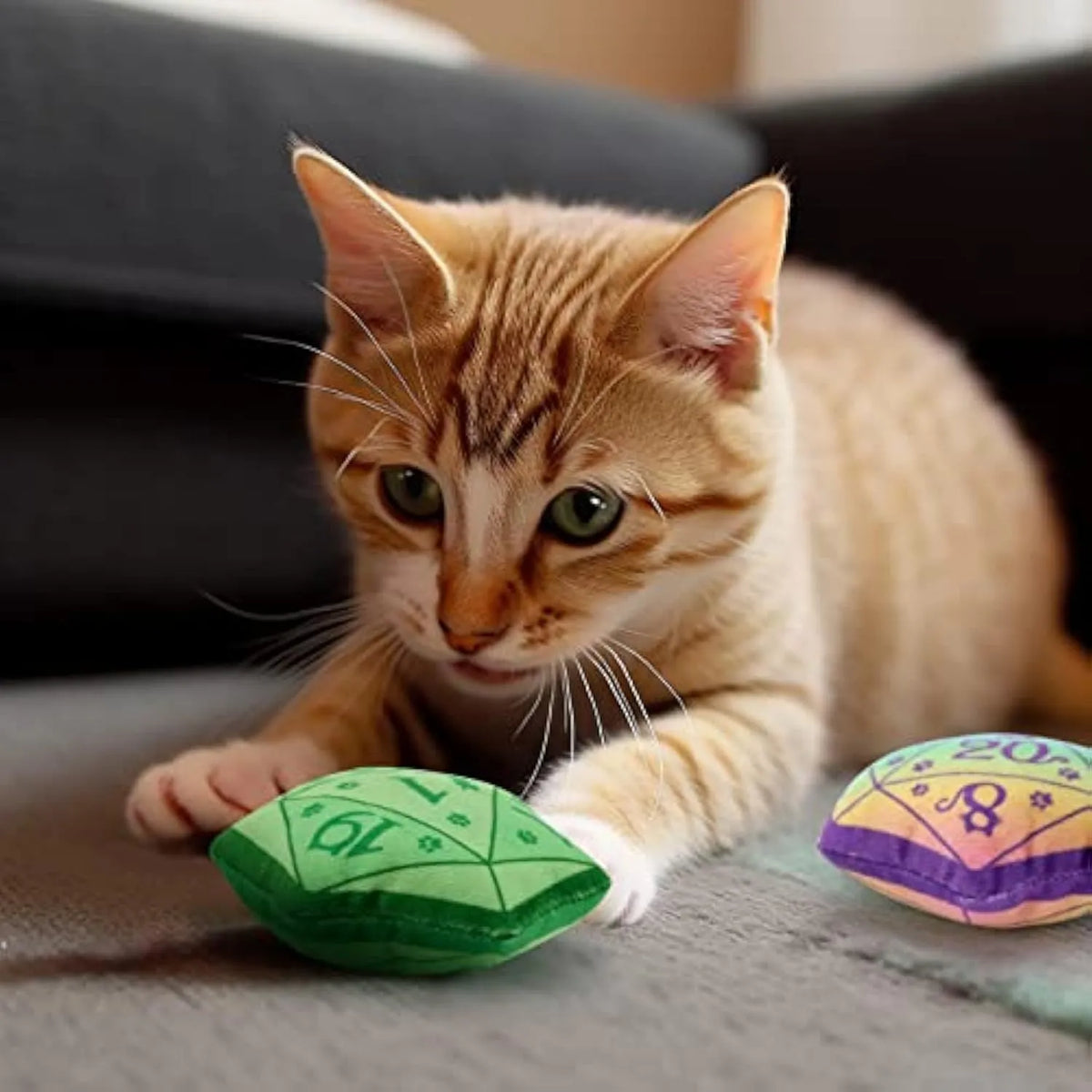 Soft plush dice-shaped cat toy in multiple colour options including blue and gradient purple.