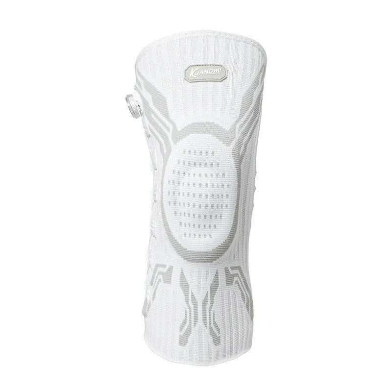 Grey-white sports knee pads showing left and right foot-specific design for basketball, football, and badminton protection
