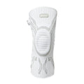 Grey-white sports knee pads showing left and right foot-specific design for basketball, football, and badminton protection