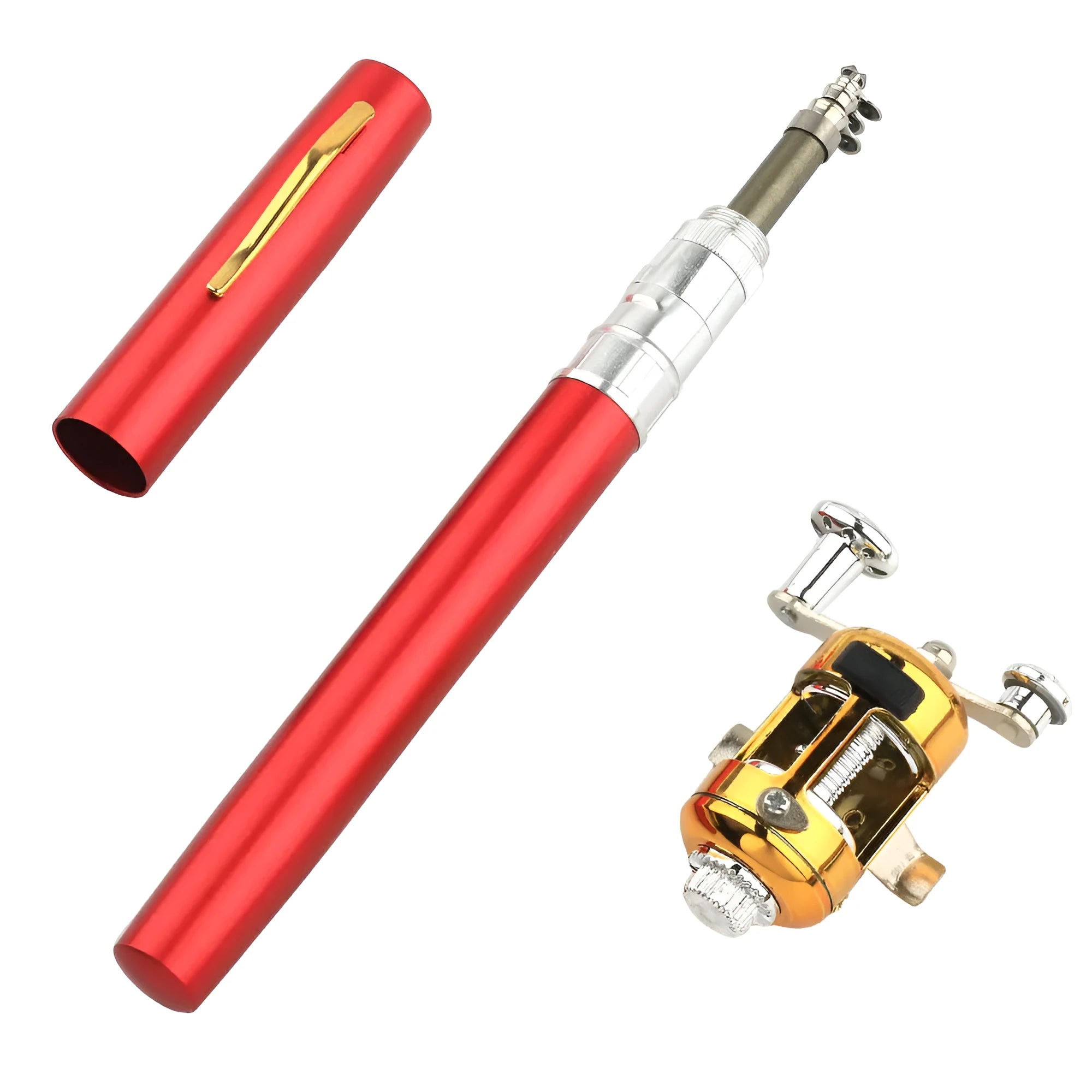 Collapsed and extended view of a pocket telescopic fishing rod with aluminium case and plastic reel.