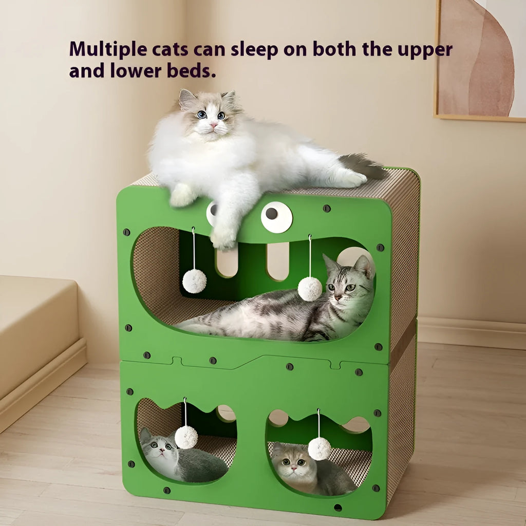 Double layer cat nest with wear-resistant scratching board in owl and cat head styles