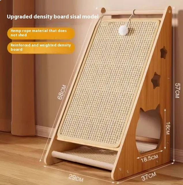 Vertical cat scratch board with sisal surface and wall-mounted design including cat teasing ball