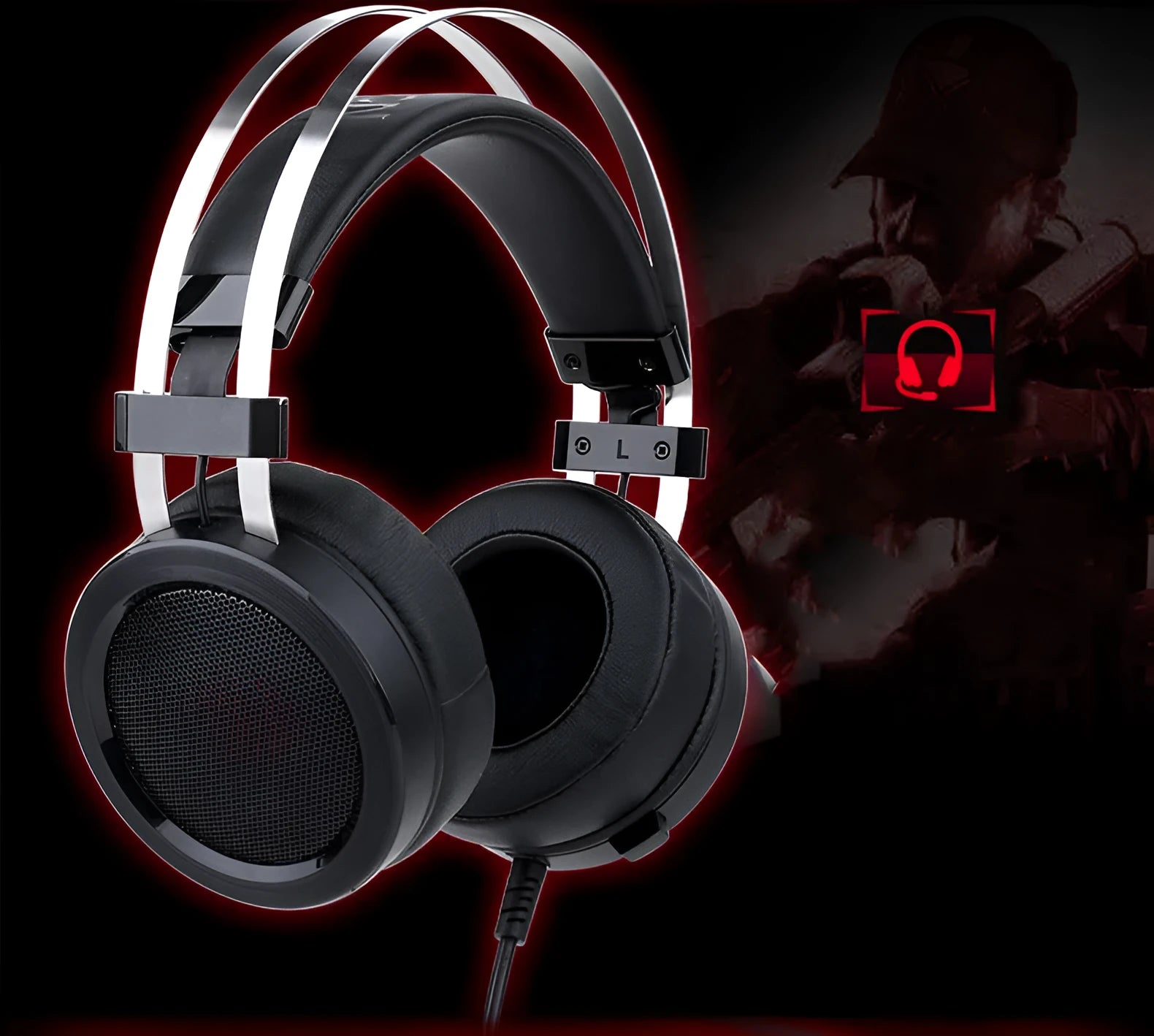 Black wired computer gaming headset with 2 metre cable and 3.5mm audio plug