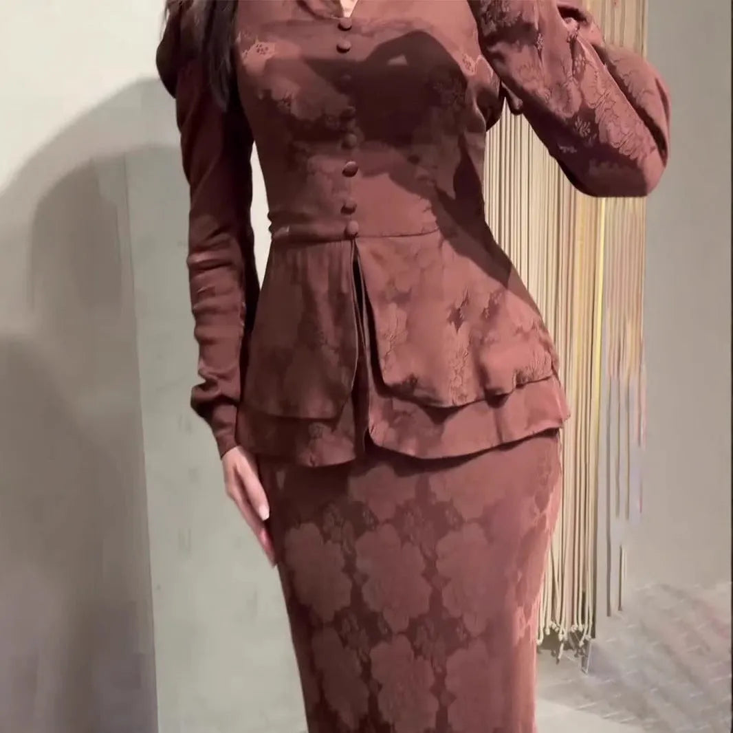 Dark brown long sleeve pullover dress with artistic retro floral print and button-front detail