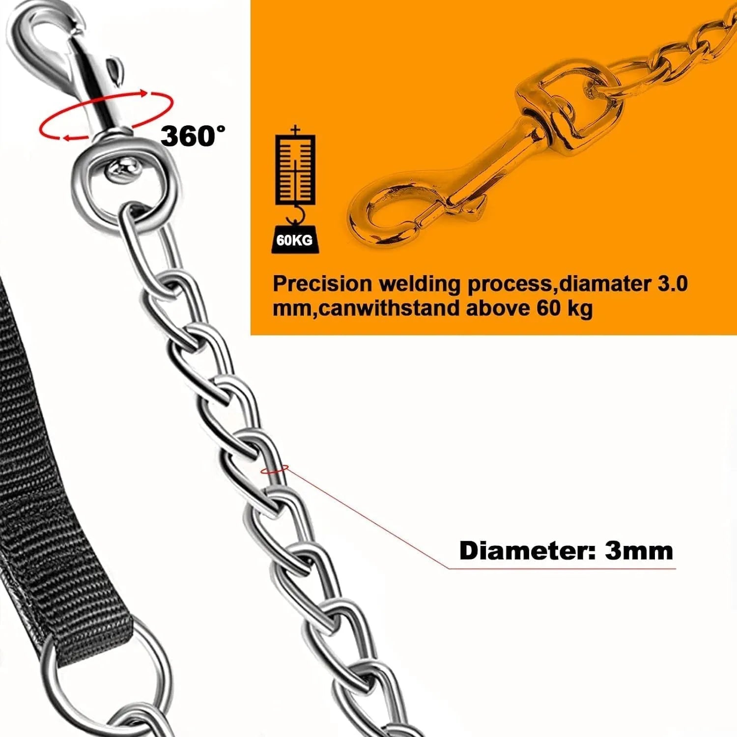Heavy duty metal dog chain leash with soft black padded handle, shown with large dog