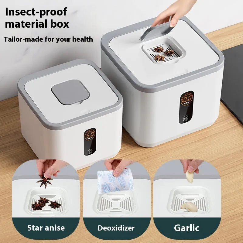 Grey plastic rice storage jar with airtight lid and measuring cup in insect-proof moisture-proof design