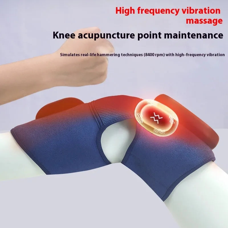 Blue self-heating knee massager showing airbag and control panel for vibration, heat, and compression functions.