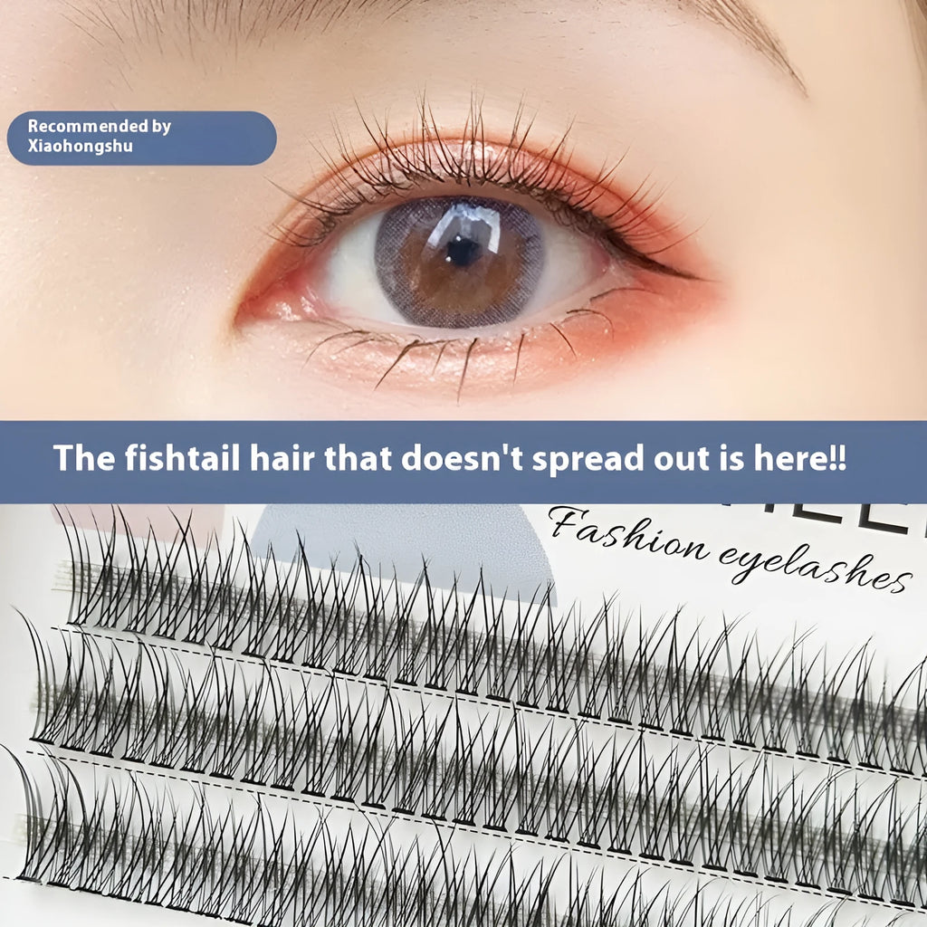Black V-shaped fishtail false eyelashes on a white background showing graduated length design.