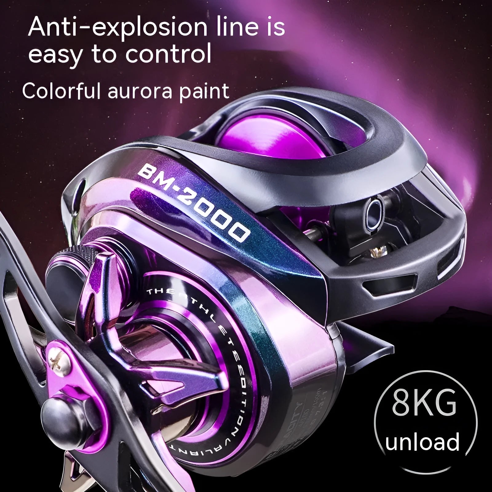 BM2000 fishing reel on a rod seat, showing left-hand and right-hand retrieve model options.
