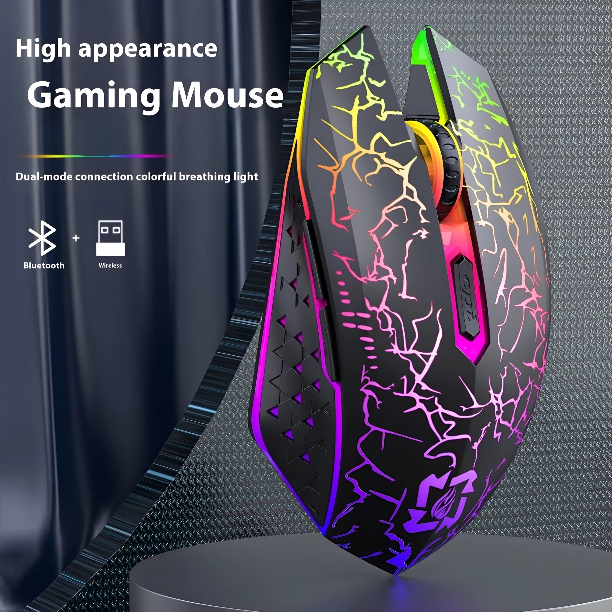 Black and white Bluetooth dual-mode gaming mouse with RGB breathing lights and charging cable