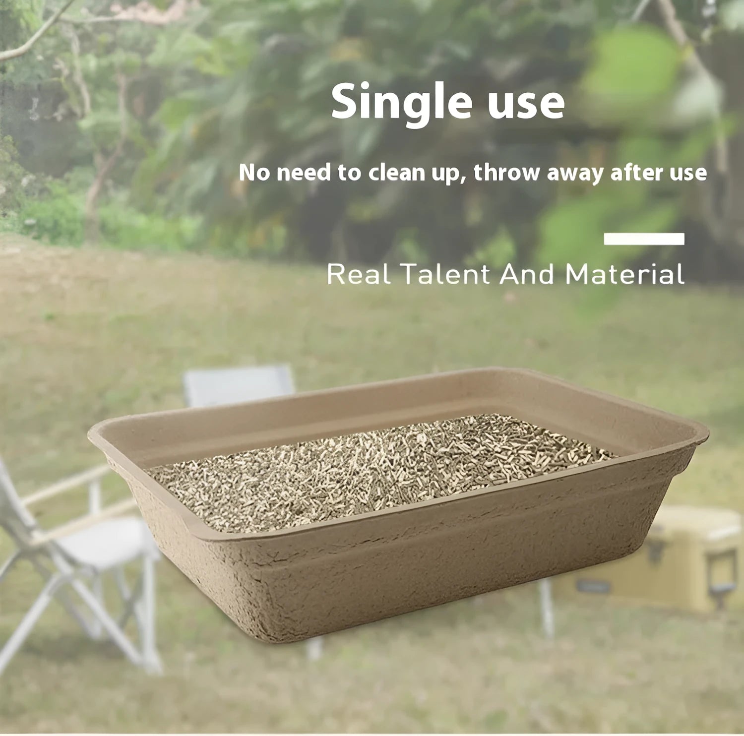 A brown disposable cat litter box showing its three available size options.