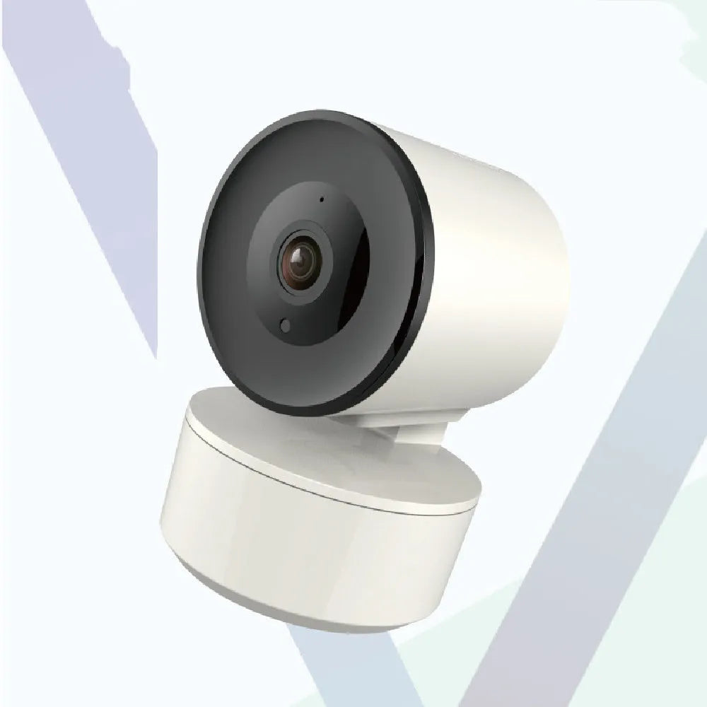 Indoor smart Wi-Fi security camera with 1080p resolution and pan-tilt-zoom mount on a white background.