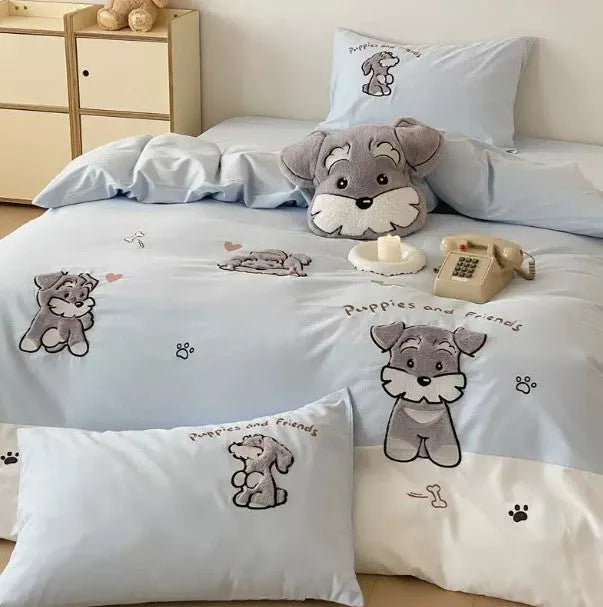 Cute Schnauzer cartoon design cotton bedding set with embroidery details showing quilt cover, sheet, and pillowcase