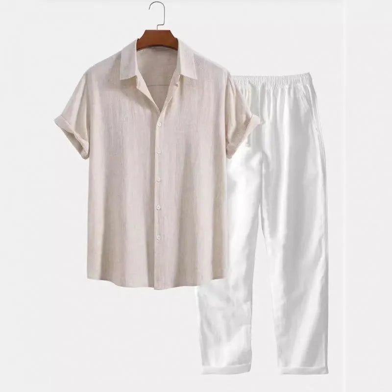 Men's casual linen-style shirt and trousers two-piece set in coordinating colours