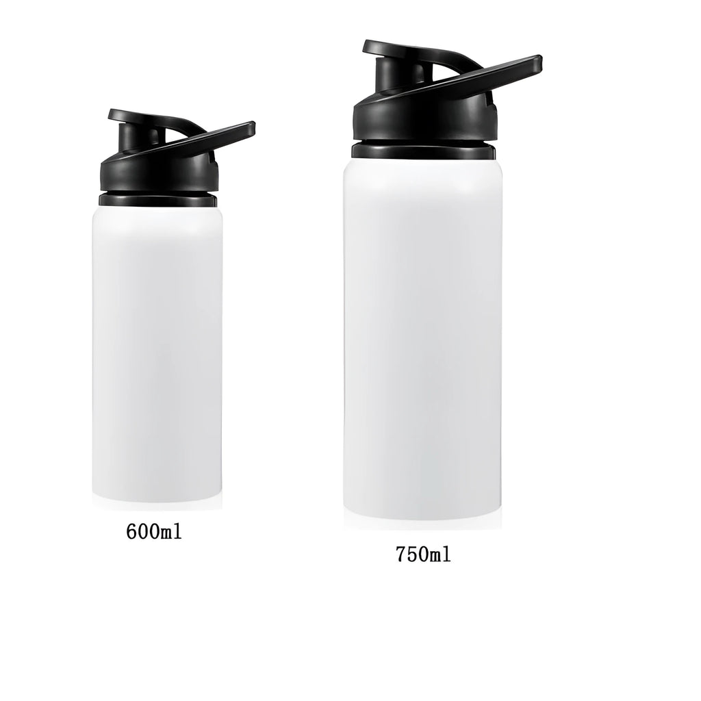 White aluminium sports water bottle for cycling, shown in 600ml and 750ml size options.