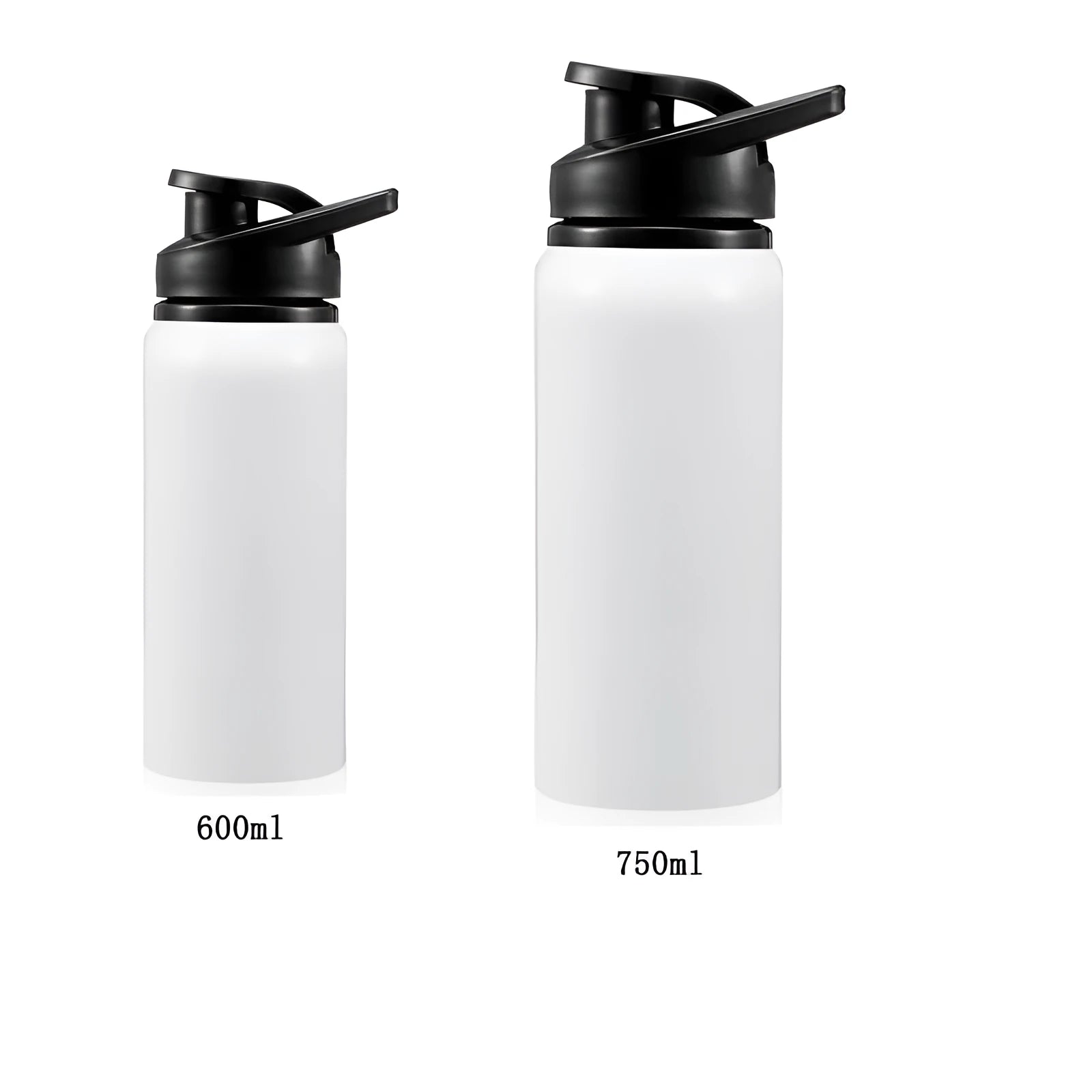 White aluminium sports water bottle for cycling, shown in 600ml and 750ml size options.