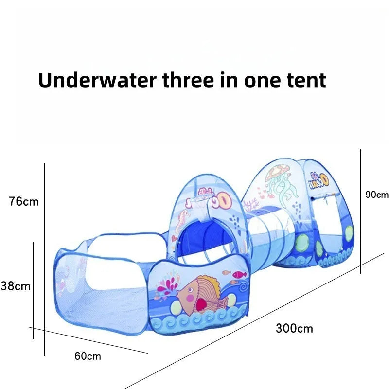 Colourful three-in-one children's play tent with ball pool and crawl tunnel in a marine cartoon theme.