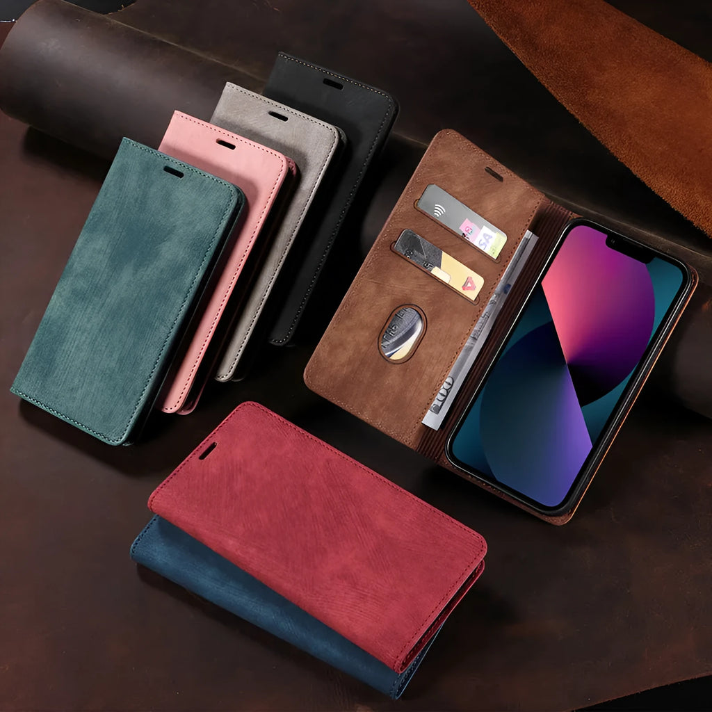 Magnetic flip phone case in genuine leather and TPU for iPhone, showing front cover closed with magnetic closure