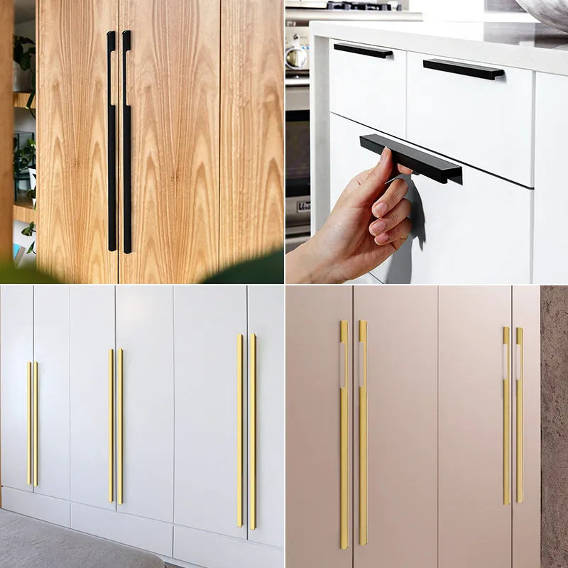 Gold T-shape single hole cabinet handle with measurement options for wardrobe and drawer installation