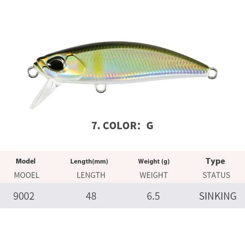 Japanese submerged mino fishing lure, 48mm long, in one of fourteen colour options A through N.