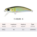 Japanese submerged mino fishing lure, 48mm long, in one of fourteen colour options A through N.