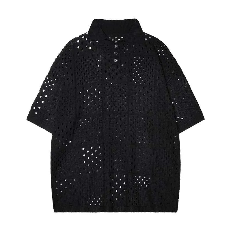 Man's black short-sleeved polo shirt with a hollow-knit texture and a loose, cardigan-style fit.