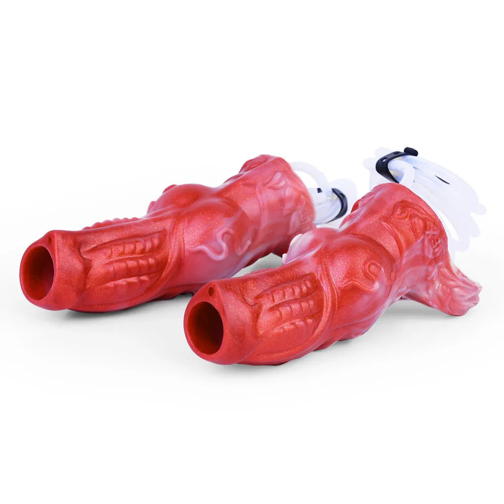 Water spray silicone condom toy with syringe and airbag components, shown in M and L sizes.