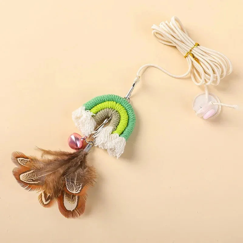 Feather cat rope door swing toy with elastic cord and sticky buckle clamp in multiple colours