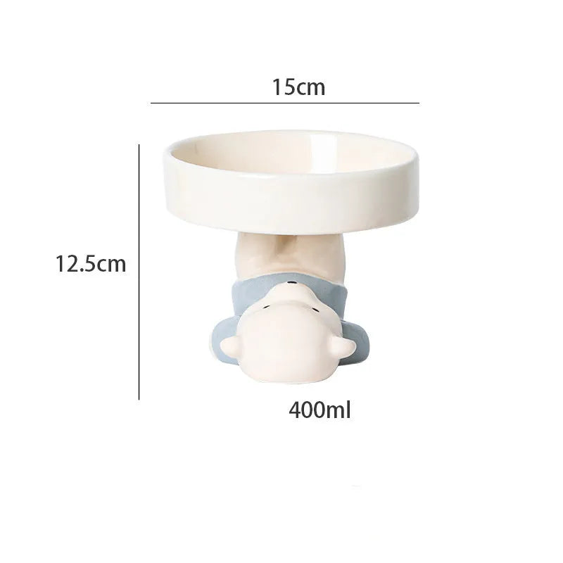 Raised ceramic pet bowl with animal design for cats and small dogs