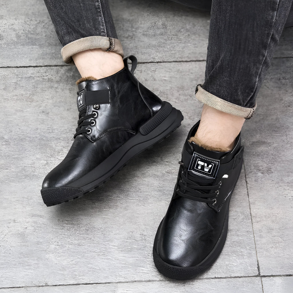 Men's black high-top Martin platform boots with velvet finish and rubber sole.