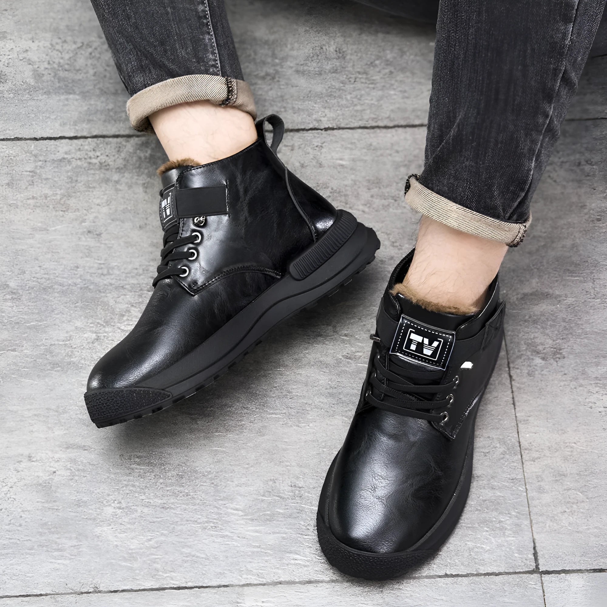 Men's black high-top Martin platform boots with velvet finish and rubber sole.