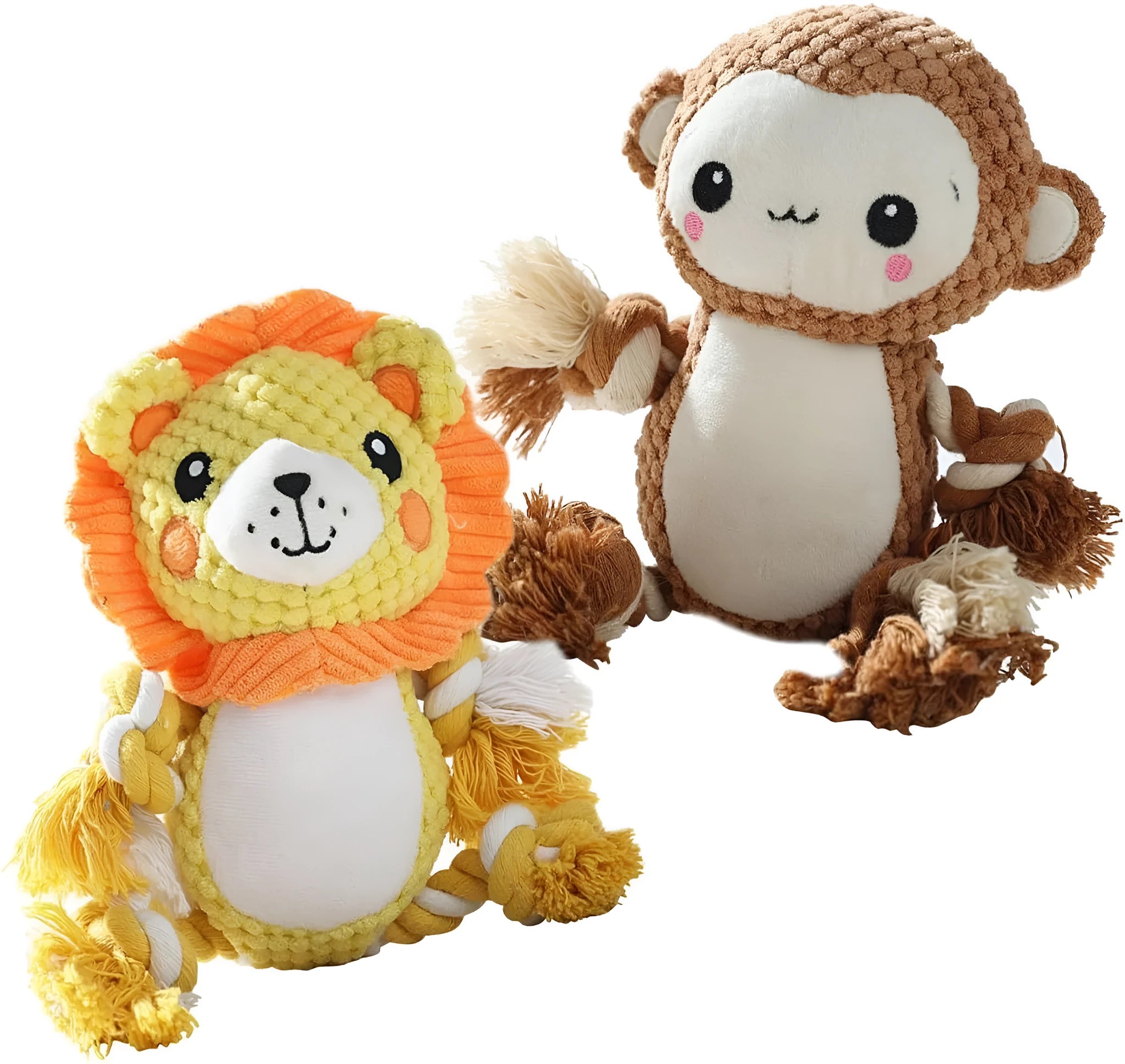 Plush lion and monkey squeaky dog toys side by side on a neutral background.