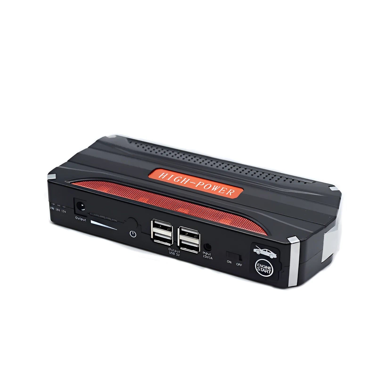 Black red vehicle emergency starting power supply with 7800mAh capacity for jump-starting 12V car batteries