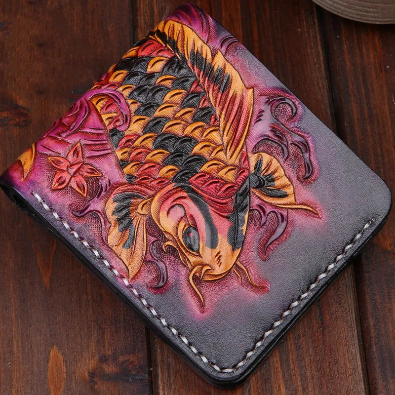 Men's carved cow leather short wallet in red, shown open, displaying its compact size and textured finish.