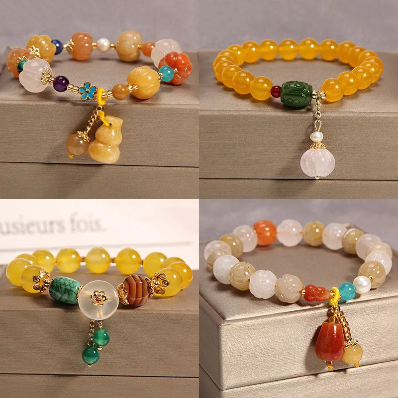 Yellow agate crystal and gold silk women's bracelet in khaki colour.