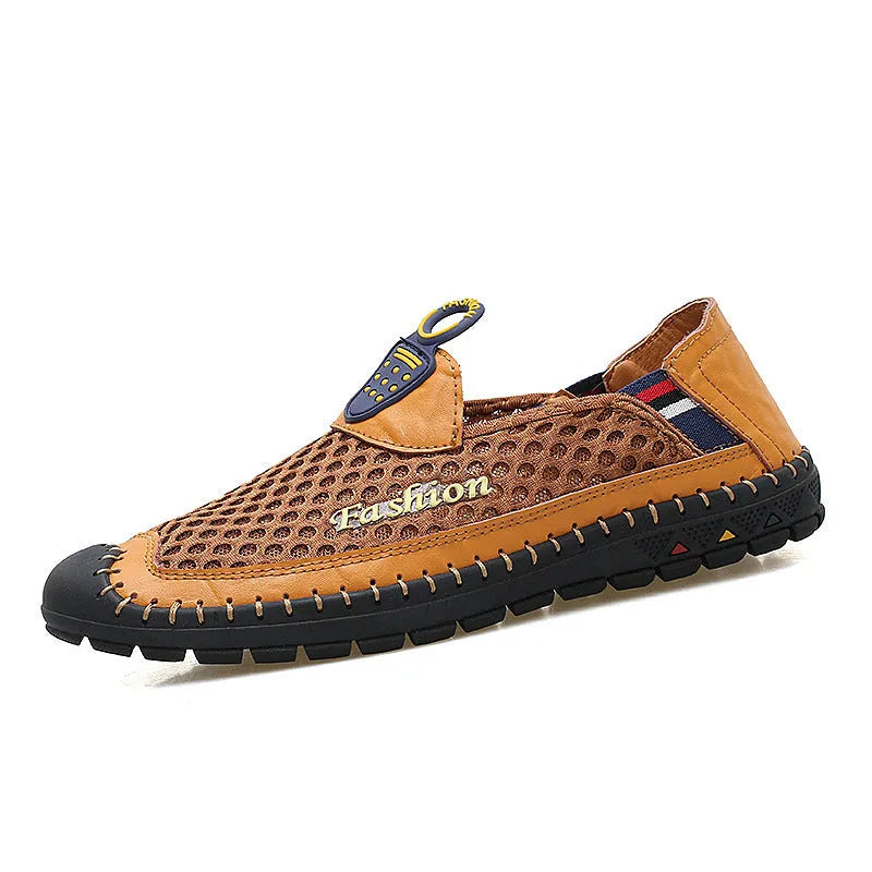 Men's brown breathable mesh casual shoes with rubber sole and stitching details