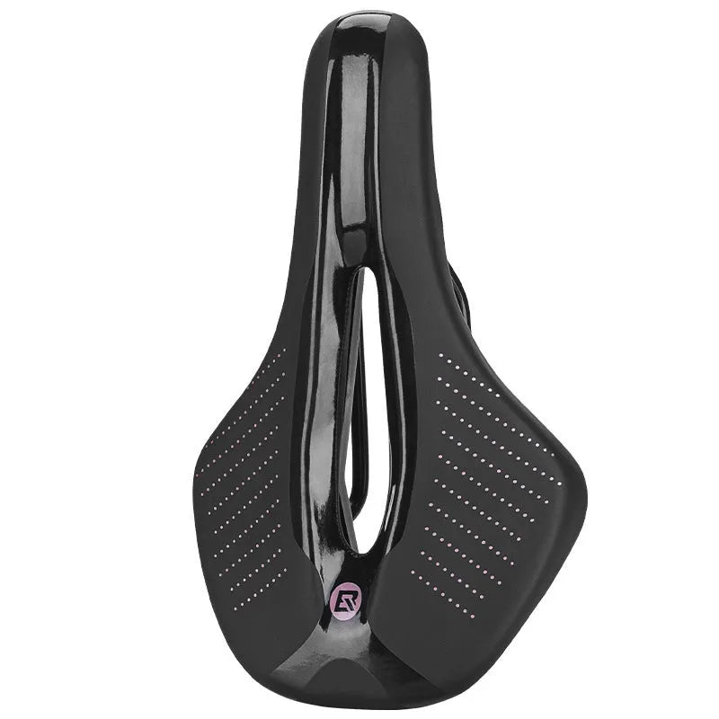 Black and pink bicycle seat cushion for mountain bikes and sports road bikes with PU foam construction
