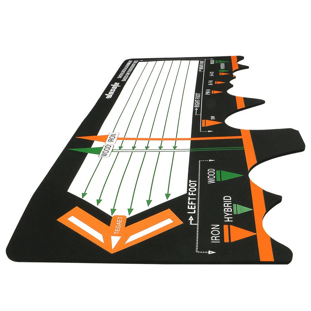 Black neoprene golf swing posture alignment mat for beginners.