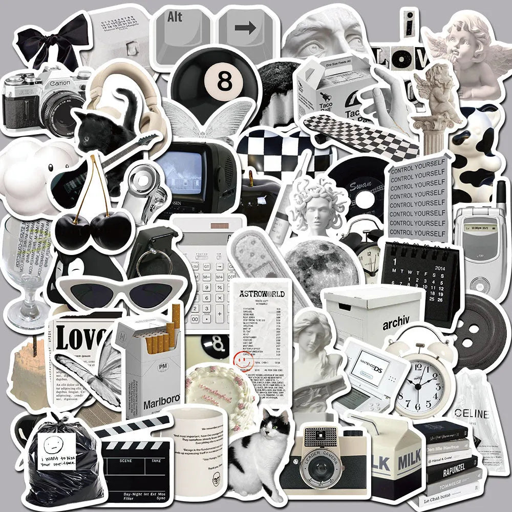 61-piece pack of black and white simple style PVC waterproof stickers for laptops and phones.