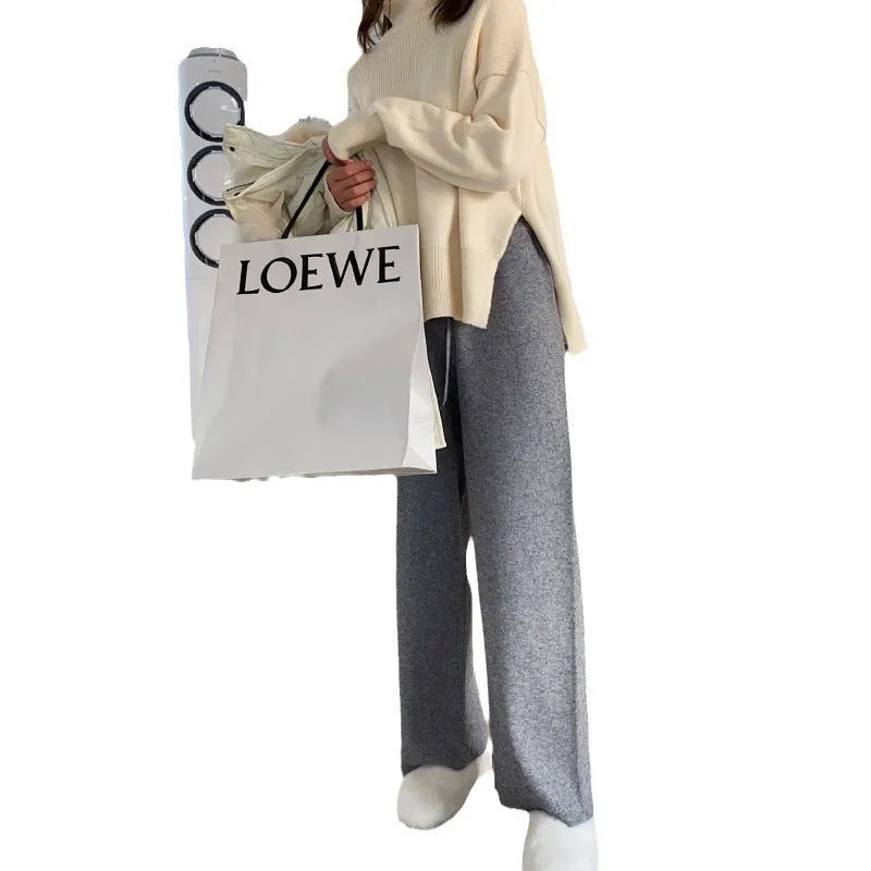 Women's knitted wide-leg trousers in super thick acrylic fabric, high waist design, available in four colours