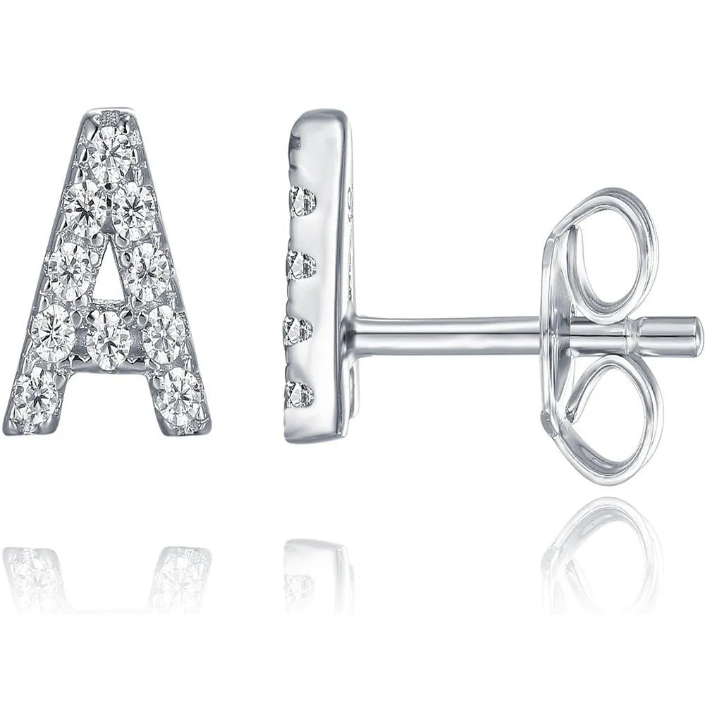 Gold plated alphabet letter earrings showing a single 'A' initial with clear zircon stone on a copper base.