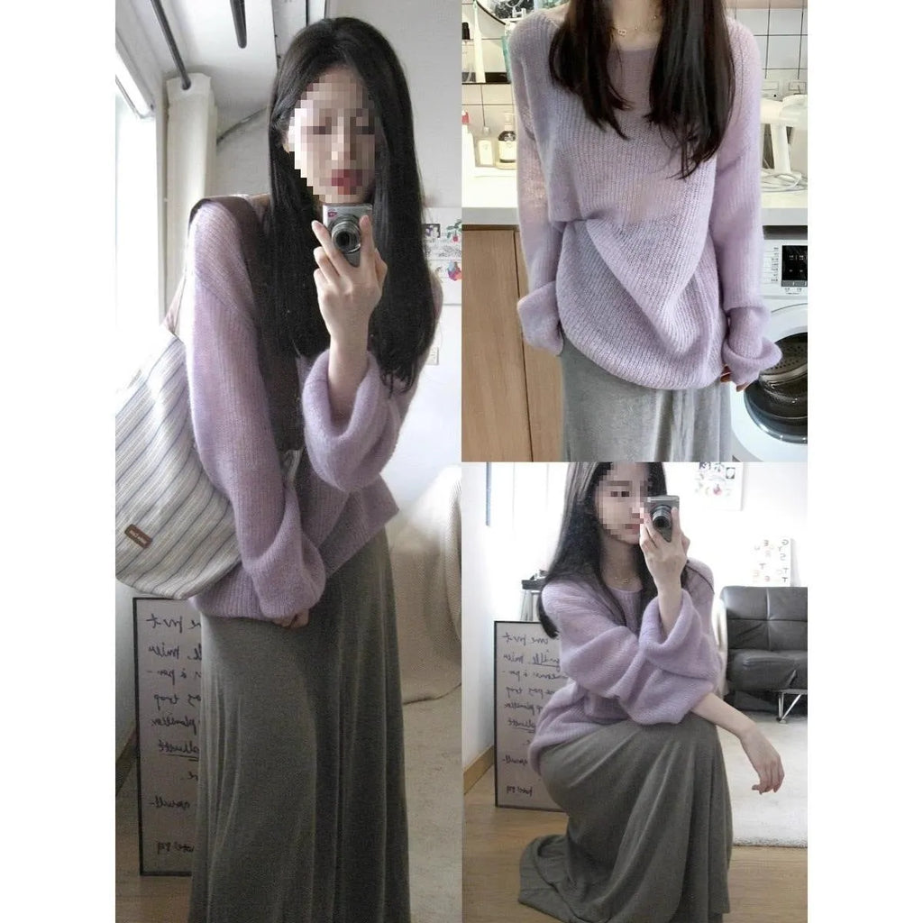 Purple women's blouse with hollow out pattern, princess sleeves, and shoulder strap detail on hanger