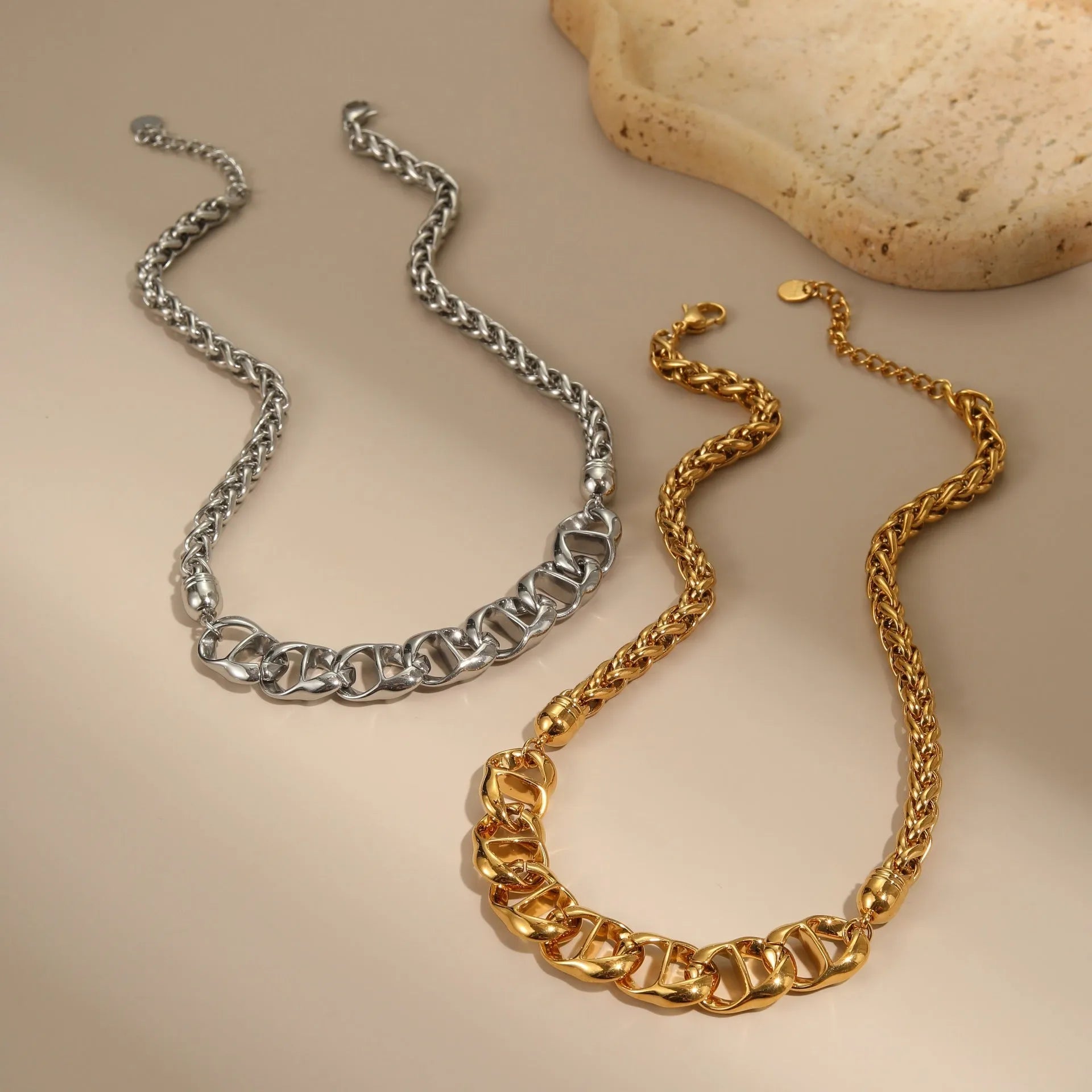 Gold plated stainless steel necklace with geometric pendant on regular chain